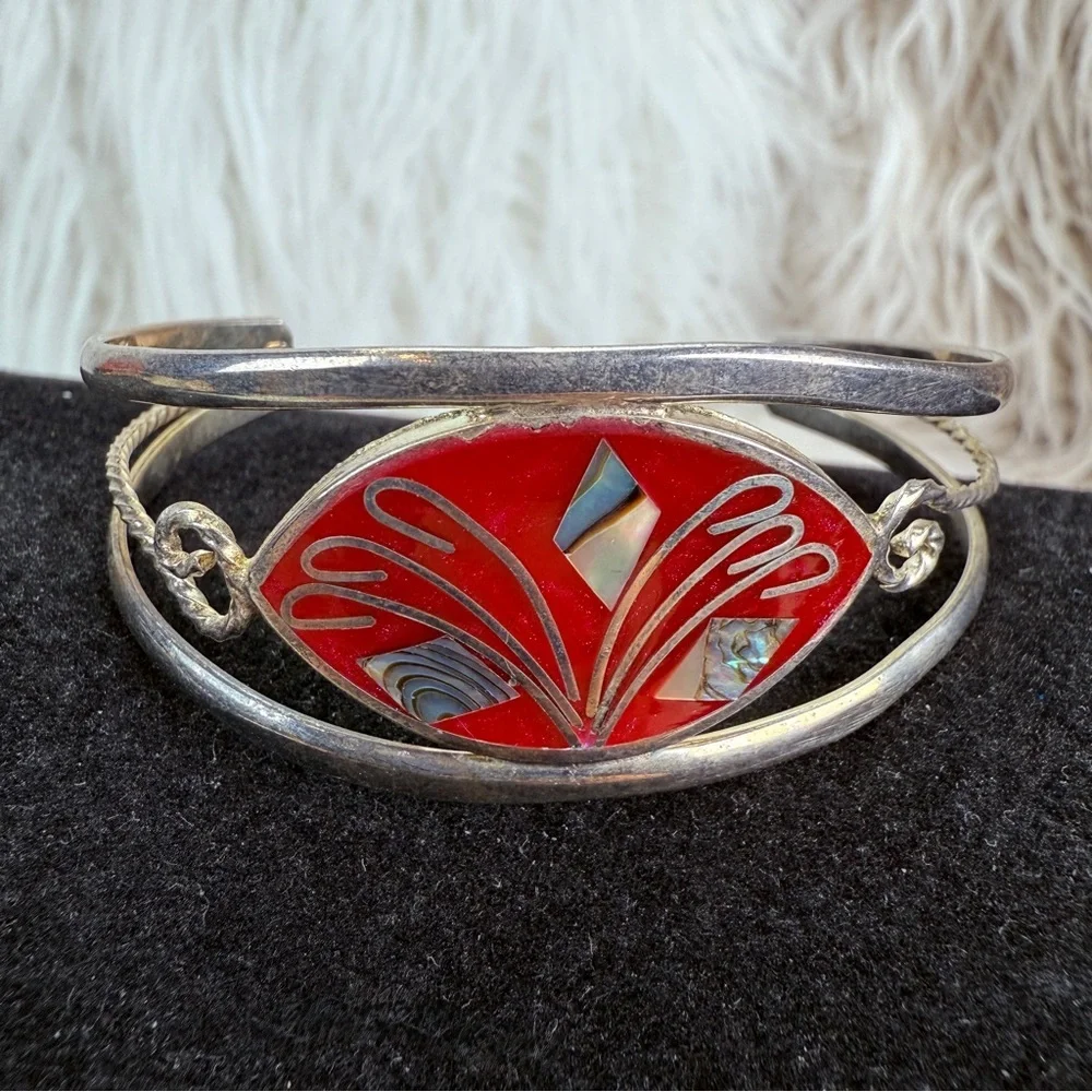 Beautiful silver signed Alpaca Mexico costume cuff, vintage bracelet